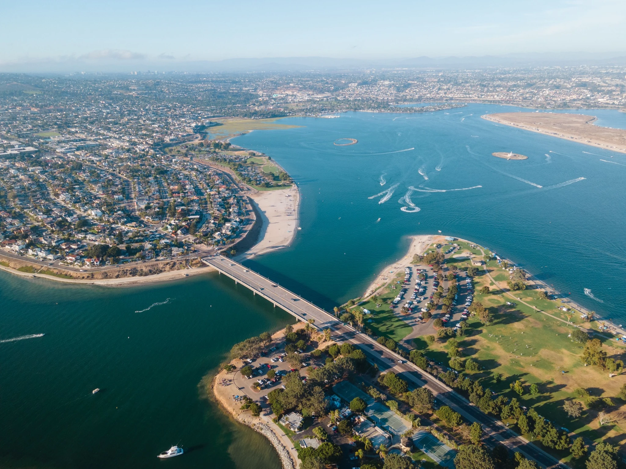 Aerial view of San Diego Bay and the surrounding coastal neighborhoods