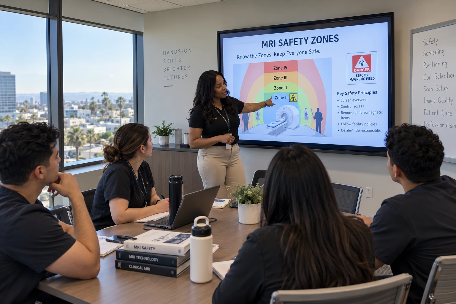 Female MRI Academy instructor teaching students in a high-rise classroom with city views
