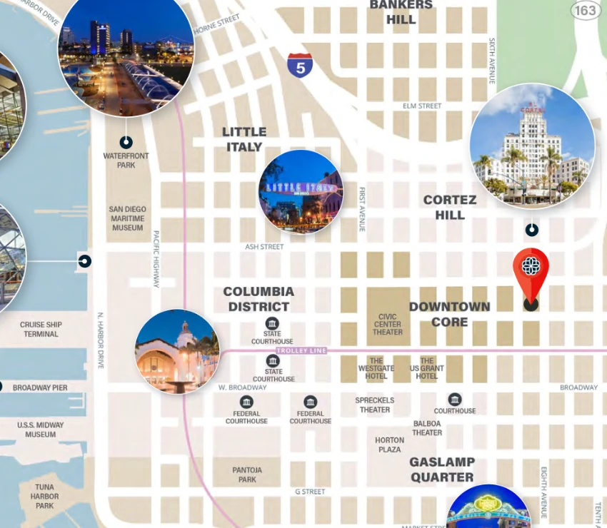 Map of downtown San Diego around Symphony Towers